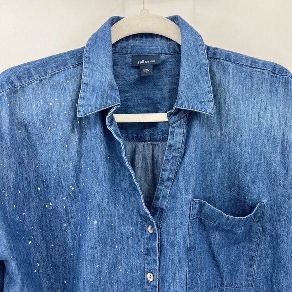 J.Jill Denim S Paint Splatter Button Down Chambray Shirt Blue Womens Size Small - Picture 3 of 11